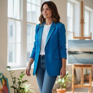 Dkny Women's Blue Frosted Twill One Button Long Sleeve Jacket Size XS NWT